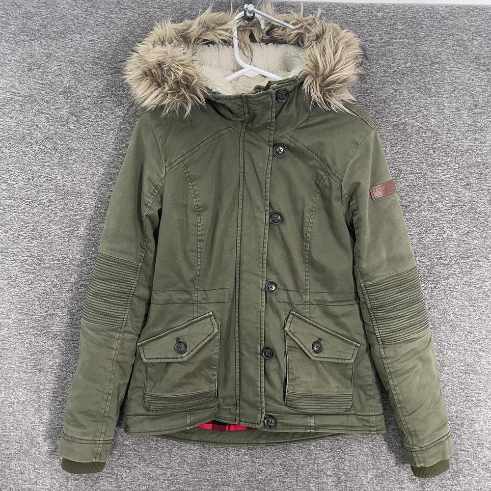 Hollister Jacket Womens Small Green Faux Fur Hooded Parka Twill Lined Warm